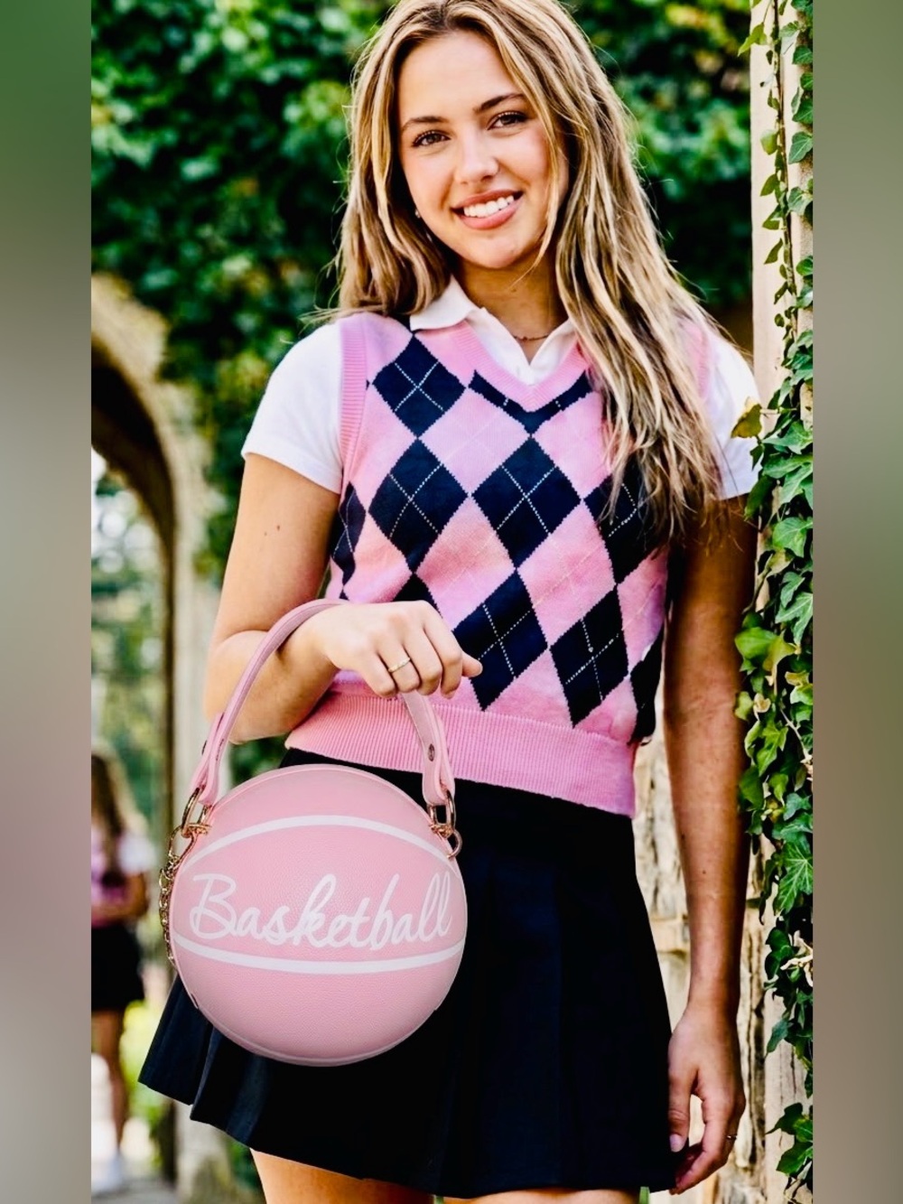 NEW Pink Faux Leather Basketball Crossbody Bag w Double Handle Drop & Gold Chain